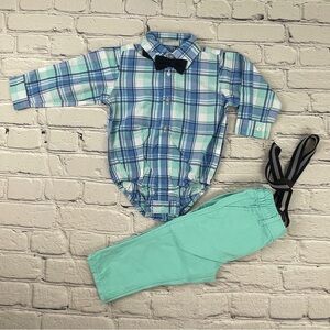 Baby Boy Plaid 2-Piece Outfit Set Button-Up Shirt with Bow Tie Chino Pants